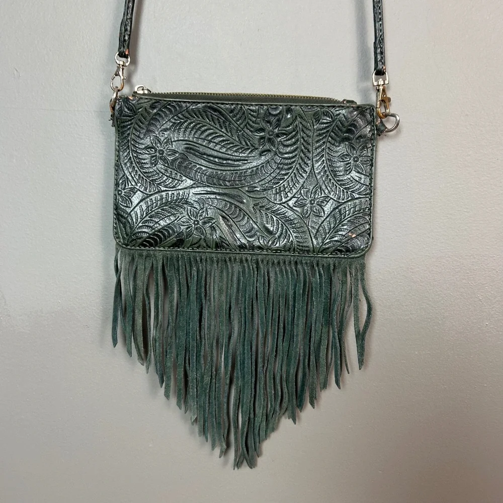 Western Festival Fall Crossbody Bag Floral Tooled Fringe Earthy Dark Fairy